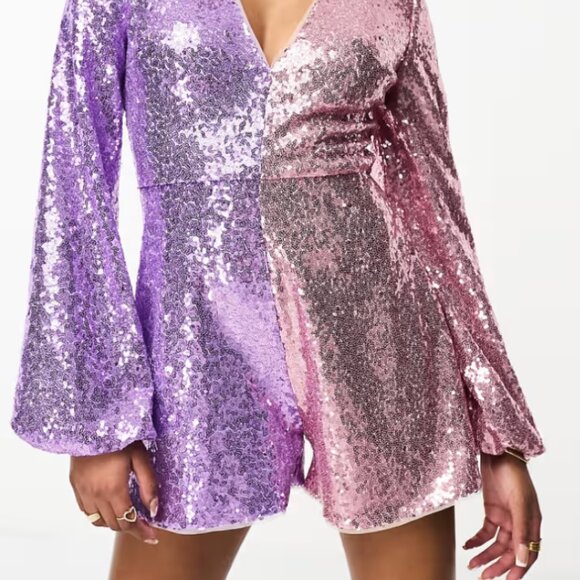 Jaded Rose Petite balloon sleeve sequin romper in lilac and pink - Picture 4 of 4